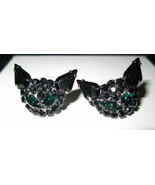 BLACK CAT PIERCED EARRINGS BLACK AND GREEN RHINESTONES POSTS - $24.67 CAD