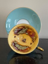 Stunning Aynsley Teal Green Orchard Fruit Footed Tea Cup and Saucer - £94.74 GBP