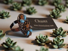 Unique Ring Aqua Blue Brown Gold Multi Stone Oval Adjustable Chuns Jewelry  - $276.11 MXN