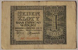 POLAND 1 ZLOTE BANKNOTE 1941 RARE NOTE CIRCULATED CONDITION  - $6.76