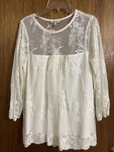Lily Star White Ivory Lacey Shirt Sheer Translucent Blouse Partially Lined Sz S - £14.28 GBP