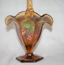 Fenton Glass Hand Painted Signed Berries on Autumn Gold 9" Basket #5937 N1 - $78.00