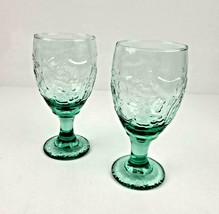 Libbey Orchard Fruit Spanish Green Glasses Footed Goblets Set of 2 Embossed 7&quot; - £11.80 GBP
