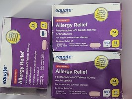 Lot Of 3 Equate Fexofenadine Allergy Relief Tablets 180mg 15 Caplets 09/... - $15.10