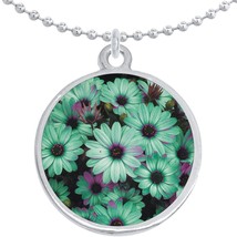 Teal Daises Flowers Round Pendant Necklace Beautiful Fashion Jewelry - £8.68 GBP
