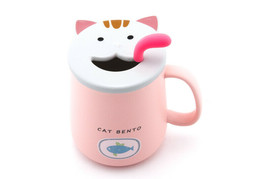 CAT Coffee Mug Tea Cup Ceramic With Lid And Decorative Spoon Pink Pet Lover Gift - £15.03 GBP