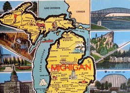 Michigan Map Collage Postcard Linen Unused E.C. Kropp Lakes Buildings Br... - £11.77 GBP