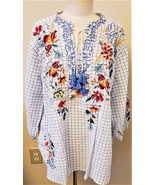 Johnny Was Embroidered Tassel Blouse Sz-1X Plaid/Multicolor Floral - £143.41 GBP