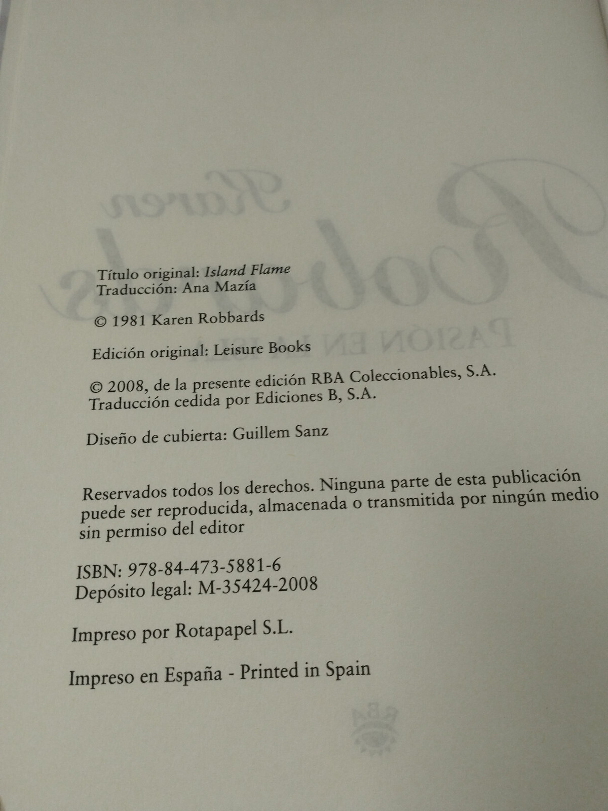 Passion IN The isla Pirates I Karen Robards Romantic Rba 2008 - Book Spanish Am Item image 3