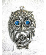 NEW STEAMPUNK HOOT OWL w BLUE EYES GEARS USA PEWTER PENDANT ON ADJ CORD NECKLACE - $11.99