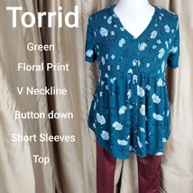 Torrid Size 1 Green Floral Print V Neckline Button Down Top - £14.94 GBP