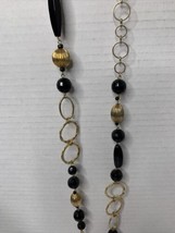 Beaded Boho Rope Necklace Embellished Gold And Black Beads And Gold Metal Rings - £3.90 GBP