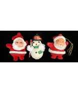 Vintage 1960&#39;s Miniature Flocked 2 Santas 1 Snowman Christmas Ornaments - $16.28 CAD