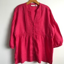 Chicos Linen Shirt XL Pink Puff Sleeve V Neck Button Down Pleated Coastal - $22.98