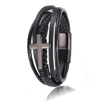 Mens Black Leather Bracelet Multi-Layer Braided Cross - $33.76