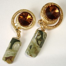 Chunky Amber Green Earrings Handcrafted Dangle Clip On Fashion Jewelry - £98.36 GBP
