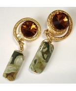 Chunky Amber Green Earrings Handcrafted Dangle Clip On Fashion Jewelry - £98.86 GBP