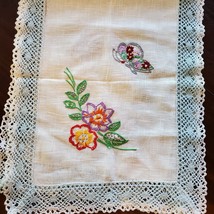 Vintage Hand Embroidery Bobbin Lace Butterflies Table Runner Flowers 36x13 Inch - £17.92 GBP