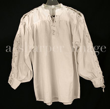 Celtic Laced Sleeves &amp; Neck Shirt Beige Renaissance Pirate Reenactment R... - £28.03 GBP