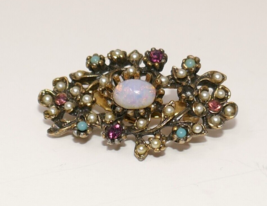 Vintage Oval Brooch with Faux Pearls &amp; Rhinestones - £20.09 GBP