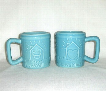 Enesco "Live Well Laugh Often Love Much" 2 Mugs Coffee Cups 2003 Turquoise Aqua - $6.99