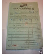 Great Falls Select Brewery Fine Beer1954 keg reciept - £7.79 GBP