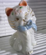 Vintage Made In Japan Hand Painted Ceramic White Seated Cat in Blue Bow Figurine - £8.07 GBP