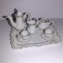 MINIATURE Gold Trim Dollhouse Porcelain TEA SET 9pc Teapot Teacups Sugar Cream - £9.57 GBP