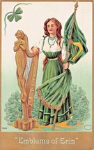 St Patricks Day~Emblems Of ERIN-BEAUTIFUL Woman W/ FLAG~1910s Embossed Postcard - £7.67 GBP