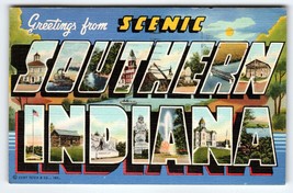 Greetings From Scenic Southern Indiana Postcard Large Big Letter Linen 1942 - $12.83