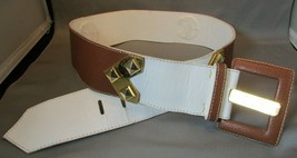 Rare 1980&#39;s Yves Saint Laurent Brass Leather Belt TAN/WHITE Ysl Med 29&quot;-31&quot; 4974 - £388.89 GBP