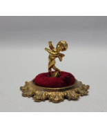 Cherub Pincushion Gold Tone Metal and Red Velvet Pin Cushion Cupid - $14.85