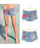 New Women's USA Flag Splicing Denim Shorts Bandage American Flag Short Pants - £25.88 GBP