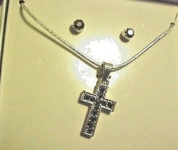 Crucifix  Necklace Pierced Earrings Boxed Set Silver Marcasite Rhinestones Cross - £7.05 GBP