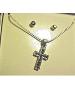 Crucifix  Necklace Pierced Earrings Boxed Set Silver Marcasite Rhineston... - £7.05 GBP