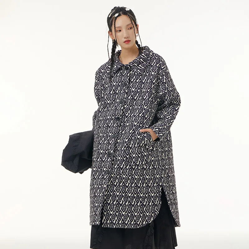 Korean Style New Winter ing For Woman Black  Printed Long Trench Coat Loose Fit  - £311.34 GBP