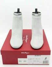 NIB Salvatore Ferragamo Capo 55 Silver Black Logo Flower Heel Ankle Boots 7 37 - £310.71 GBP