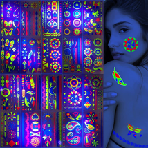 UV Neon Temporary Tattoos 20 Sheets Mandala Glow Waterproof for Adults Kids NEW - £17.52 GBP