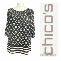 Chico&#39;s Smocked Neck Blouse Black White Size S Size 1 Off The Shoulder Top - £17.45 GBP