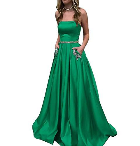 Kivary Custom Made Beaded Belt Satin Long Formal Prom Evening Dress with Pockets