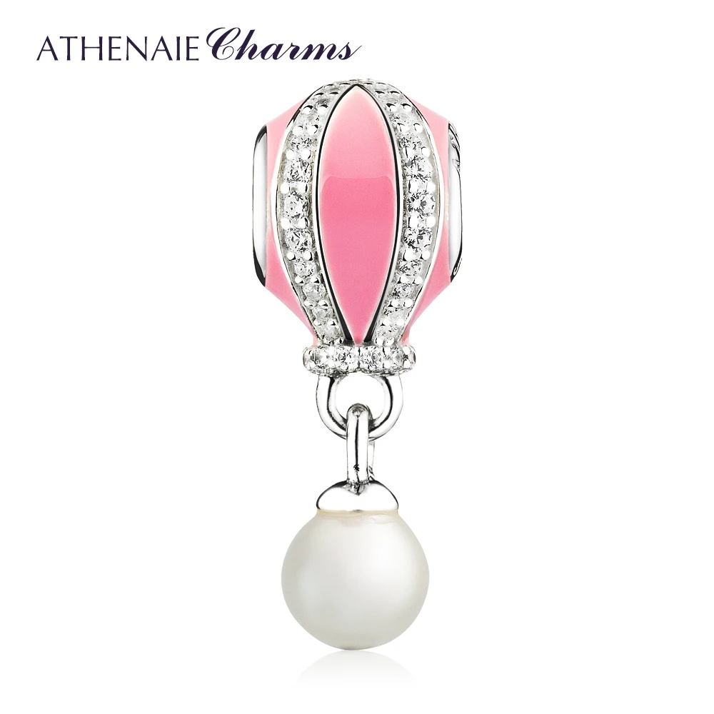 925 Sterling Silver Pink Enamel &amp; Clear CZ with Pearl Hot Air Balloon Charms Bea - £45.06 GBP