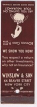 Matchbook Cover Winslow &amp; Son Insurance New York City  - £0.77 GBP