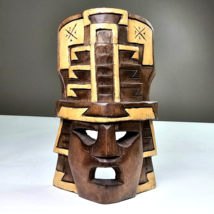 Vintage Hand Carved Wood Tribal Mask 2 Tone Light and Dark Décor 7.25x4.5in - £47.06 GBP