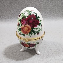 Red Orange Floral Roses Decorative Porcelain Glass Egg Footed Hinged Tri... - $165.70 MXN