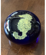 Blue Glass Paperweight With Yellow Painted Seahorse Design Inside - $146.29 MXN