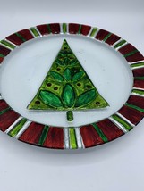 Gorgeous Vibrant Christmas Tree Cookie Glass Platter Red &amp; Green Silver ... - $16.92