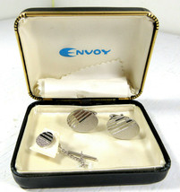 Vintage ENVOY Cufflinks w/ Tie Tack Set in Original Box Silver Striped - £14.16 GBP