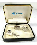 Vintage ENVOY Cufflinks w/ Tie Tack Set in Original Box Silver Striped - $17.77