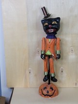 Primitive Black Cat in Orange Suit Jointed Pumpkin Stand 15&quot; Not Perfect - £23.07 GBP
