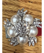 Silver Tone White Pearl &amp; Clear Crystal Flower Style Vintage Pin Brooch - $10.00